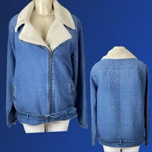 Cloth & Stone L Blue Denim Faux Shearling Cotton Pockets Zip Long Sleeve Jacket